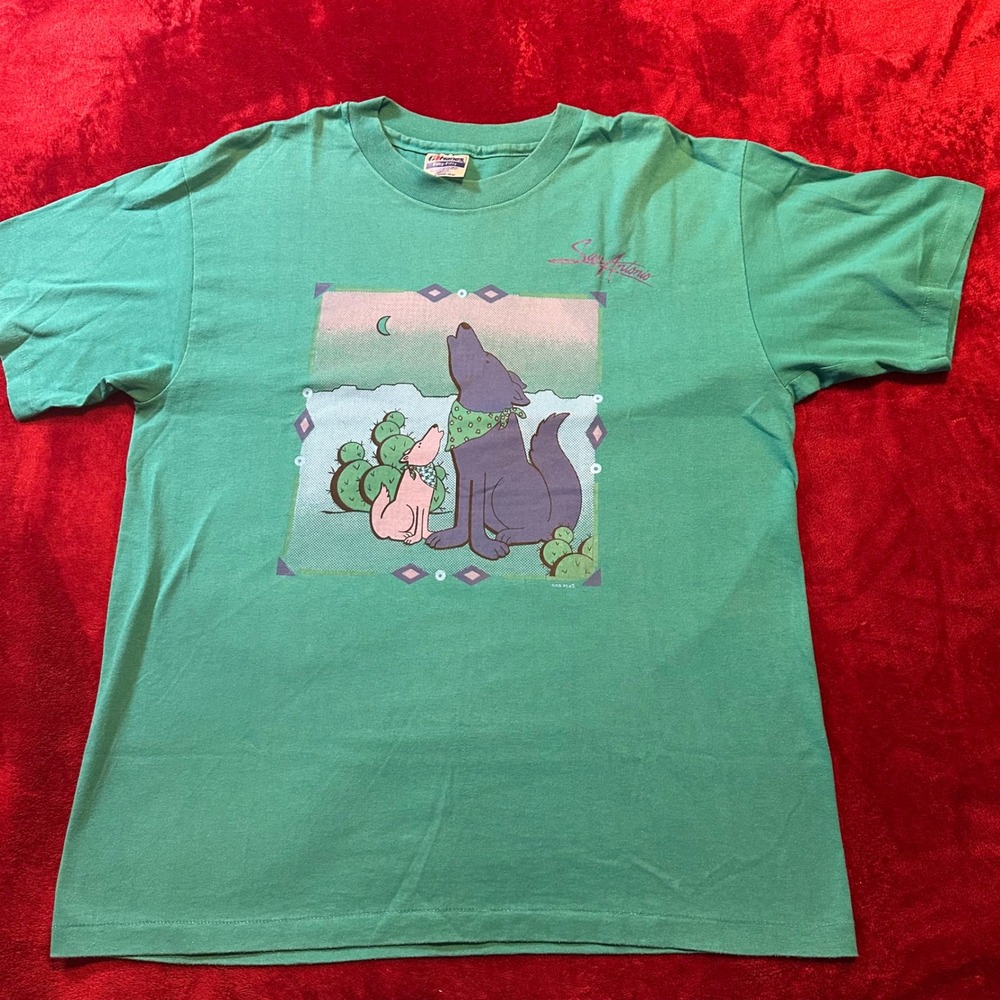 Vintage 1992‎ Hanes Fifty-Fifty San Antonio Wolf Cactus T-Shirt Teal Green Large